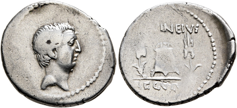 L. Livineius Regulus, 42 BC. Denarius (Silver, 20 mm, 3.21 g, 6 h), Rome. Bare h...