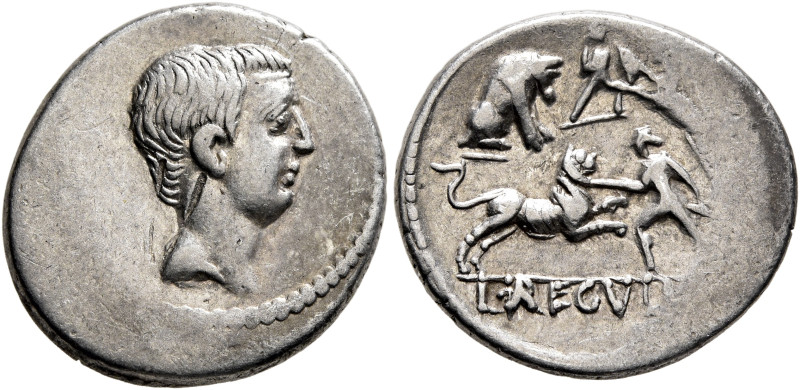 L. Livineius Regulus, 42 BC. Denarius (Silver, 18 mm, 3.78 g, 1 h), Rome. Bare h...