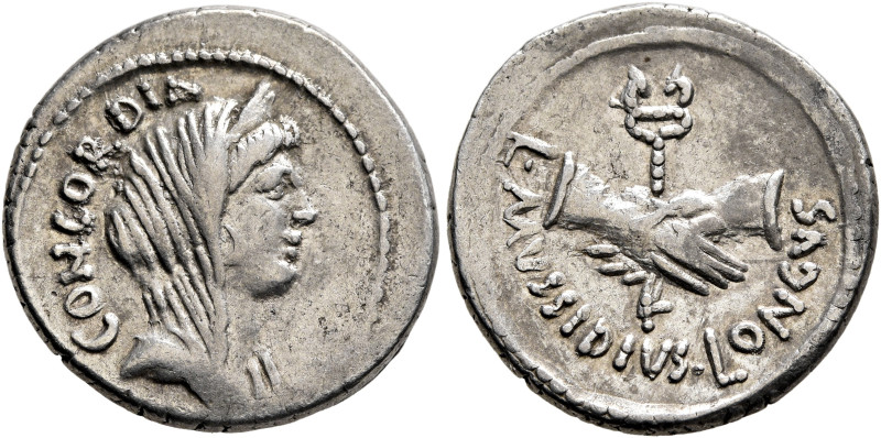 L. Mussidius Longus, 42 BC. Denarius (Silver, 19 mm, 3.99 g, 9 h), Rome. CONCORD...