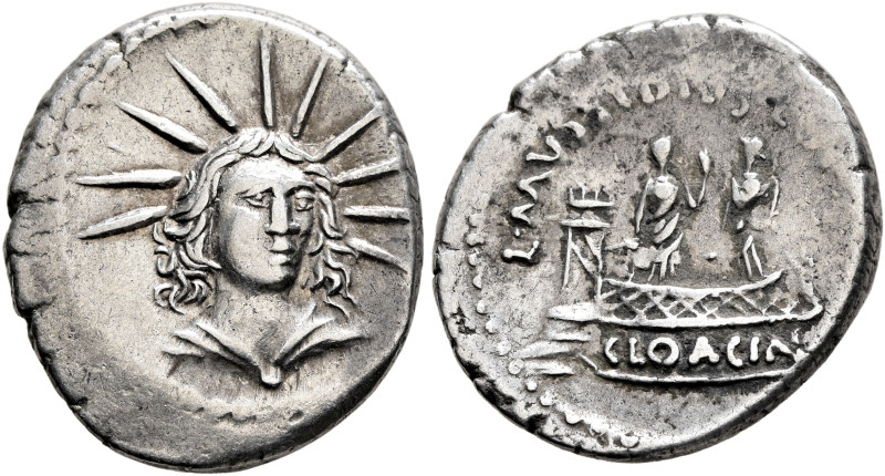 L. Mussidius Longus, 42 BC. Denarius (Silver, 18 mm, 3.92 g, 5 h), Rome. Radiate...