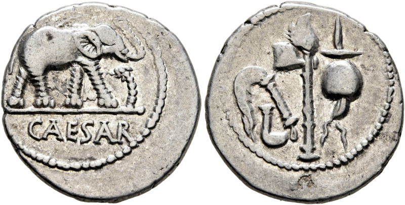 Julius Caesar, 49-44 BC. Denarius (Silver, 18 mm, 3.84 g, 2 h), military mint mo...