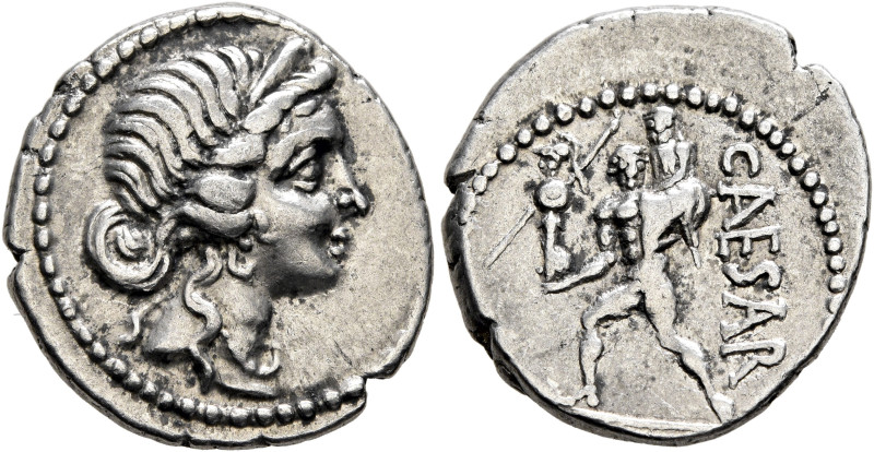 Julius Caesar, 49-44 BC. Denarius (Silver, 18 mm, 3.89 g, 6 h), military mint mo...