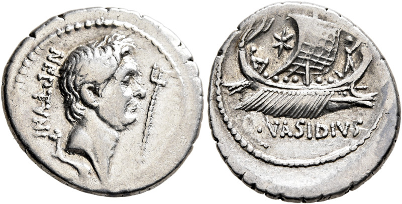 Sextus Pompey, 43-35 BC. Denarius (Silver, 19 mm, 3.79 g, 3 h), Q. Nasidius, com...