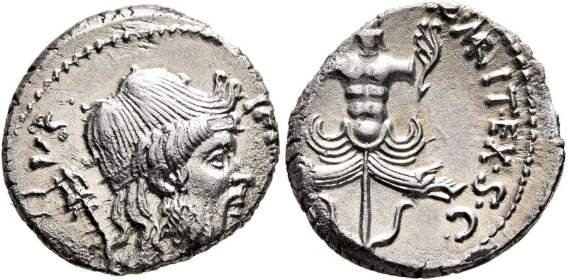 Sextus Pompey, † 35 BC. Denarius (Silver, 19 mm, 3.63 g, 9 h), military mint in ...