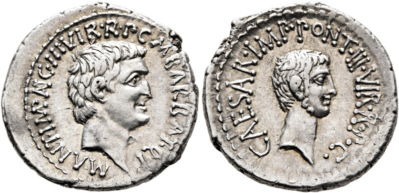 Mark Antony and Octavian. Denarius (Silver, 20 mm, 3.82 g, 12 h), with M. Barbat...