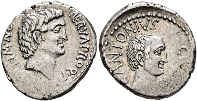 Mark Antony, 44-30 BC. Denarius (Silver, 19 mm, 4.00 g, 12 h), with Lucius Anton...