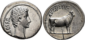 Augustus, 27 BC-AD 14. Denarius (Silver, 20 mm, 3.87 g, 12 h), Pergamum (?), circa 27 BC. CAESAR Bare head of Augustus to right. Rev. AVGVSTVS Bull st...