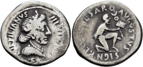 Augustus, 27 BC-AD 14. Denarius (Silver, 21 mm, 3.49 g, 12 h), P. Petronius Turpilianus, moneyer, Rome, 19 BC. TVRPILIANVS III•VIR / FE-[RON] Diademed...