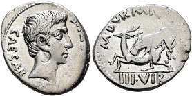 Augustus, 27 BC-AD 14. Denarius (Silver, 20 mm, 3.84 g, 5 h), M. Durmius, moneyer, Rome, circa 19 BC. CAESAR [AVGV]STVS Bare head of Augustus to right...