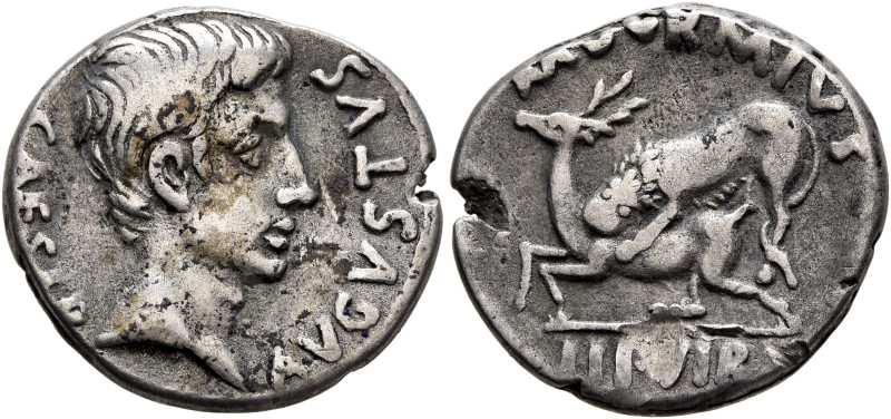 Augustus, 27 BC-AD 14. Denarius (Silver, 19 mm, 2.76 g, 12 h), M. Durmius, money...