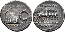 Augustus, 27 BC-AD 14. Denarius (Silver, 18 mm, 3.80 g, 6 h), uncertain mint in Spain (Colonia Patricia?), circa 18 BC. S•PQ•R•PARENT / CONS SVO Toga ...