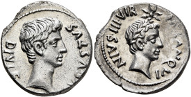 Augustus, 27 BC-AD 14. Denarius (Silver, 19 mm, 3.81 g, 3 h), M. Sanquinius, moneyer, Rome, 17 BC. [A]VGVSTVS DIVI F Bare head of Augustus to right. R...
