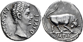 Augustus, 27 BC-AD 14. Denarius (Silver, 19 mm, 3.81 g, 5 h), Lugdunum, circa 15-13 BC. AVGVSTVS DIVI•F Bare head of Augustus to right. Rev. IMP•X Bul...
