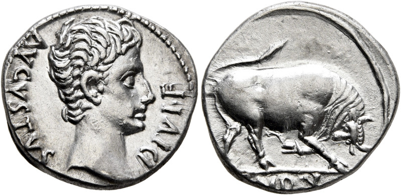 Augustus, 27 BC-AD 14. Denarius (Silver, 18 mm, 3.81 g, 7 h), Lugdunum, circa 15...