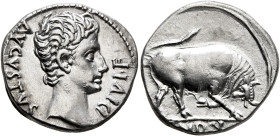 Augustus, 27 BC-AD 14. Denarius (Silver, 18 mm, 3.81 g, 7 h), Lugdunum, circa 15-13 BC. AVGVSTVS DIVI•F Bare head of Augustus to right. Rev. IMP•X Bul...