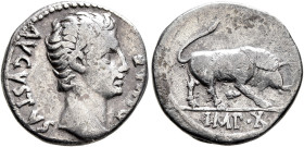 Augustus, 27 BC-AD 14. Denarius (Silver, 19 mm, 3.57 g, 5 h), Lugdunum, circa 15-13 BC. AVGVSTVS DIVI•F Bare head of Augustus to right. Rev. IMP•X Bul...