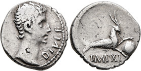 Augustus, 27 BC-AD 14. Denarius (Silver, 19 mm, 3.77 g, 3 h), Lugdunum, 12 BC. AVGVSTVS DIVI•F Bare head of Augustus to right. Rev. IMP XI Capricorn t...
