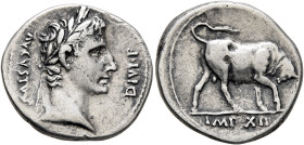 Augustus, 27 BC-AD 14. Denarius (Silver, 21 mm, 3.72 g, 1 h), Lugdunum, 11-10 BC. AVGVSTVS DIVI F Laureate head of Augustus to right. Rev. IMP XII Bul...