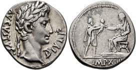 Augustus, 27 BC-AD 14. Denarius (Silver, 19 mm, 3.75 g, 6 h), Lugdunum, 8 BC. AVGVSTVS DIVI•F Laureate head of Augustus to right. Rev. IMP•XIIII Augus...