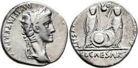 Augustus, 27 BC-AD 14. Denarius (Silver, 18 mm, 3.69 g, 6 h), Lugdunum, 2 BC-AD 4. [CAESAR AVGVSTVS] DIVI F PATER PAT[RIAE] Laureate head of Augustus ...
