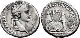 Augustus, 27 BC-AD 14. Denarius (Silver, 18 mm, 3.67 g, 9 h), Lugdunum, 2 BC-AD 4. CAES[AR AVGVSTVS DIVI F PAT]ER PATRIAE Laureate head of Augustus to...