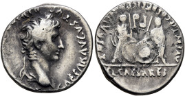 Augustus, 27 BC-AD 14. Denarius (Silver, 19 mm, 3.00 g, 4 h), Lugdunum, 2 BC-AD 4. CAESAR AVGVSTVS DIVI]F[ PATER PATRIAE] Laureate head of Augustus to...