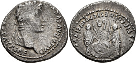 Augustus, 27 BC-AD 14. Denarius (Silver, 19 mm, 3.68 g, 6 h), Lugdunum, 2 BC-AD 4. CAESAR AVGVS[TVS DIVI F PAT]ER PATRIAE Laureate head of Augustus to...