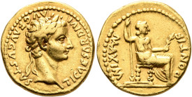 Tiberius, 14-37. Aureus (Gold, 20 mm, 7.67 g, 6 h), Lugdunum, 15-18. TI CAESAR DIVI AVG F AVGVSTVS Laureate head of Tiberius to right. Rev. PONTIF MAX...
