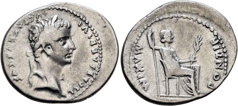 Tiberius, 14-37. Denarius (Silver, 22 mm, 3.69 g, 7 h), Lugdunum, group 1, circa...