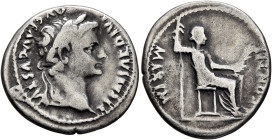 Tiberius, 14-37. Denarius (Silver, 19 mm, 3.74 g, 9 h), Lugdunum, group 1, circa 15-18. TI CAESAR DIVI AVG F AVGVSTVS Laureate head of Tiberius to rig...