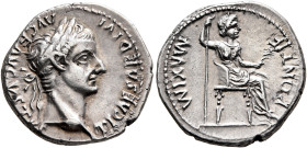 Tiberius, 14-37. Denarius (Silver, 21 mm, 3.85 g, 2 h), Lugdunum, group 4, circa 18-35. TI CAESAR DIVI AVG F AVGVSTVS Laureate head of Tiberius to rig...