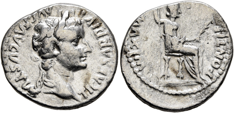 Tiberius, 14-37. Denarius (Silver, 20 mm, 7.62 g, 1 h), Lugdunum, group 2, circa...