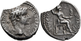 Tiberius, 14-37. Denarius (Silver, 18 mm, 3.43 g, 12 h), Lugdunum, group 4, circa 18-35. TI CAESAR DIVI [AV]G F AVGVST[VS] Laureate head of Tiberius t...