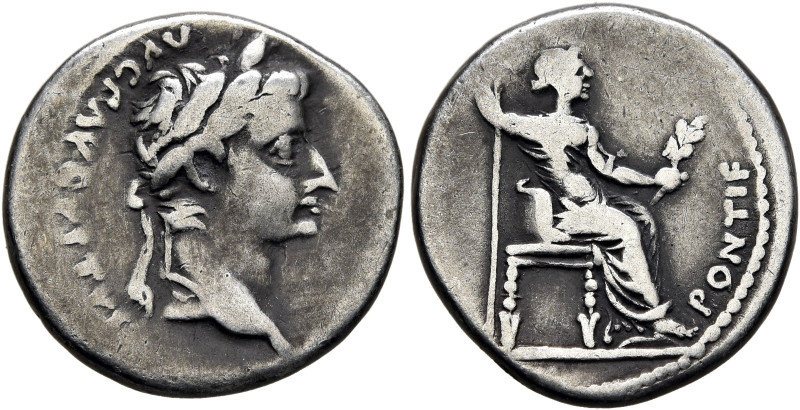 Tiberius, 14-37. Denarius (Silver, 17 mm, 3.72 g, 3 h), Lugdunum, group 4, circa...