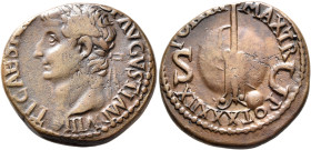 Tiberius, AD 14-37. As (Copper, 28 mm, 11.45 g, 1 h), Rome, 36-37. TI CAESA[R DIVI] F AVGVST IMP•VIII Laureate head of Tiberius to left. Rev. PONTIF M...