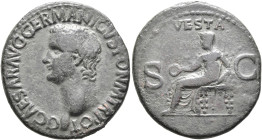 Gaius (Caligula), 37-41. As (Copper, 30 mm, 12.49 g, 6 h), Rome, 37-38. C CAESAR AVG GERMANICVS PON M TR POT Bare head of Gaius to left. Rev. VESTA / ...