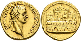 Claudius, 41-54. Aureus (Gold, 18 mm, 7.76 g, 7 h), Lugdunum, 41-42. TI CLAVD•CAESAR•AVG•P•M•TR•P• Head of Claudius to right, wearing oak wreath. Rev....