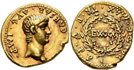 Nero, 54-68. Aureus (Gold, 19 mm, 7.70 g, 3 h), Lugdunum, 58-59. [NE]RO•CAESAR•AVG•IMP• Bare head of Nero to right. Rev. PONTIF•MAX•TR•P•V•P P• Oak wr...