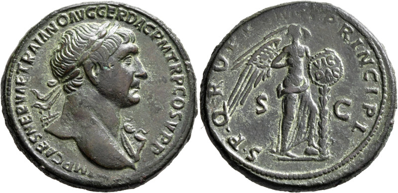 Trajan, 98-117. Sestertius (Orichalcum, 35 mm, 26.29 g, 6 h), Rome, circa 103-10...