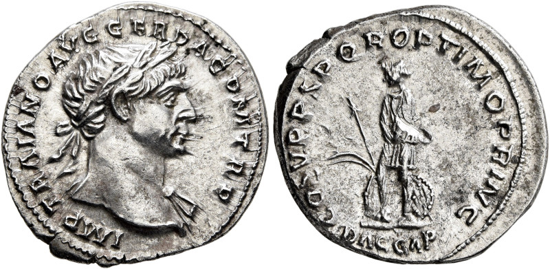 Trajan, 98-117. Denarius (Silver, 20 mm, 3.33 g, 7 h), Rome, circa 110. IMP TRAI...