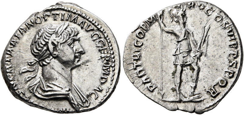 Trajan, 98-117. Denarius (Silver, 19 mm, 3.36 g, 6 h), Rome, winter 114-early 11...