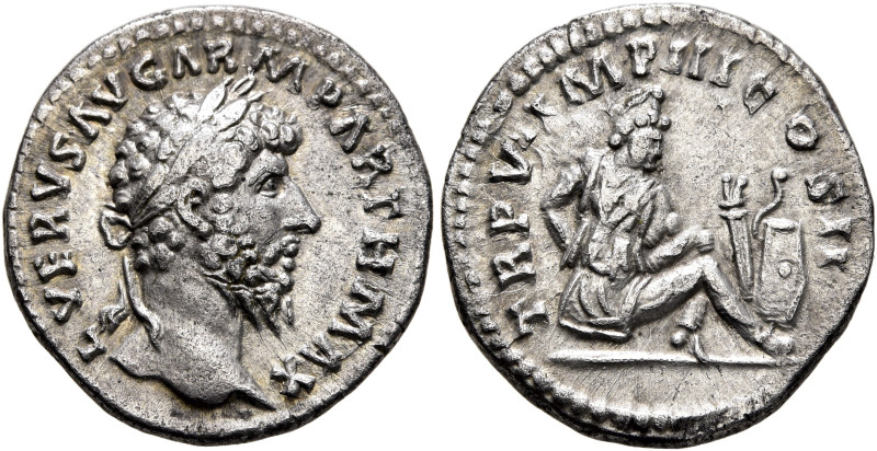 Lucius Verus, 161-169. Denarius (Silver, 18 mm, 3.48 g, 12 h), Rome, 165. L VERV...