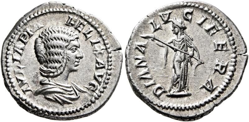 Julia Domna, Augusta, 193-217. Denarius (Silver, 20 mm, 3.45 g, 6 h), Rome, 212-...