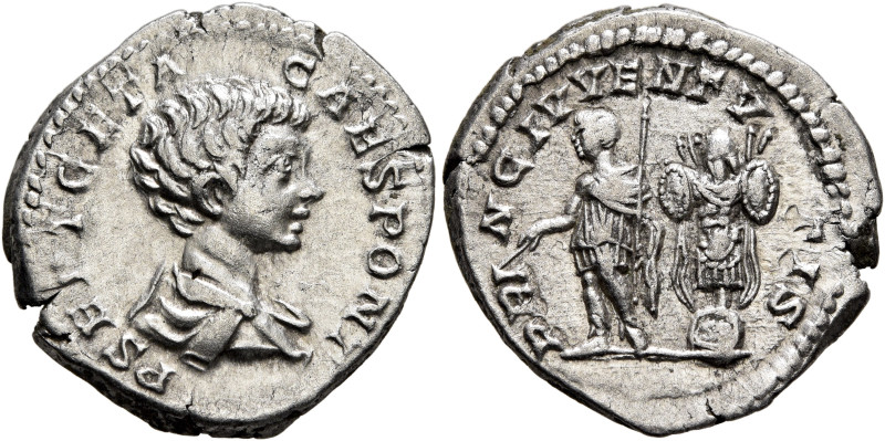 Geta, as Caesar, 198-209. Denarius (Silver, 19 mm, 3.13 g, 12 h), Rome, 201-202....