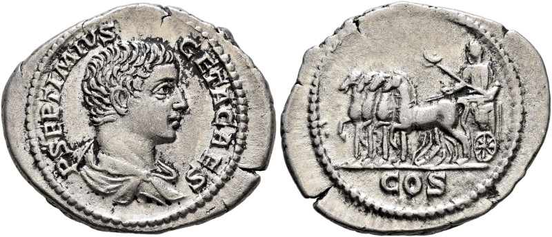 Geta, as Caesar, 198-209. Denarius (Silver, 23 mm, 3.62 g, 12 h), Rome, 203-208....