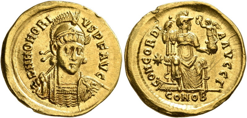 Honorius, 393-423. Solidus (Gold, 21 mm, 4.44 g, 6 h), Constantinopolis, 408-420...