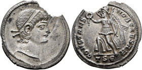 Constans, as Caesar, 333-337. Siliqua (Silver, 21 mm, 3.08 g, 12 h), celebrating Constantine I's tricennalia, Thessalonica, 335-336. Plain-diademed he...