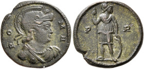 Commemorative Series, 330. AE (Orichalcum, 15 mm, 2.80 g, 6 h), Constantinopolis. RO-MA Draped bust of Roma to right, wearing crested Attic helmet and...