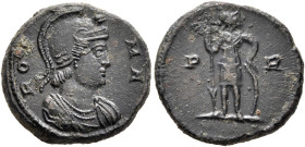 Commemorative Series, 330. AE (Orichalcum, 15 mm, 2.88 g, 6 h), Constantinopolis. RO-MA Draped bust of Roma to right, wearing crested Attic helmet and...