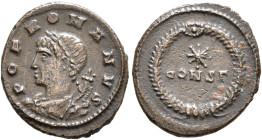 Commemorative Series, 330. AE (Bronze, 15 mm, 1.19 g, 6 h), Constantinopolis. POP ROMANVS Laureate and draped bust of the Genius Populi Romanus to lef...